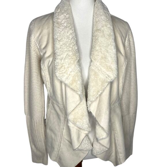 Knox Rose Vegan Suede Sherpa Open Cardigan Cream Sweater Small Boho Cowgirl - Picture 8 of 16